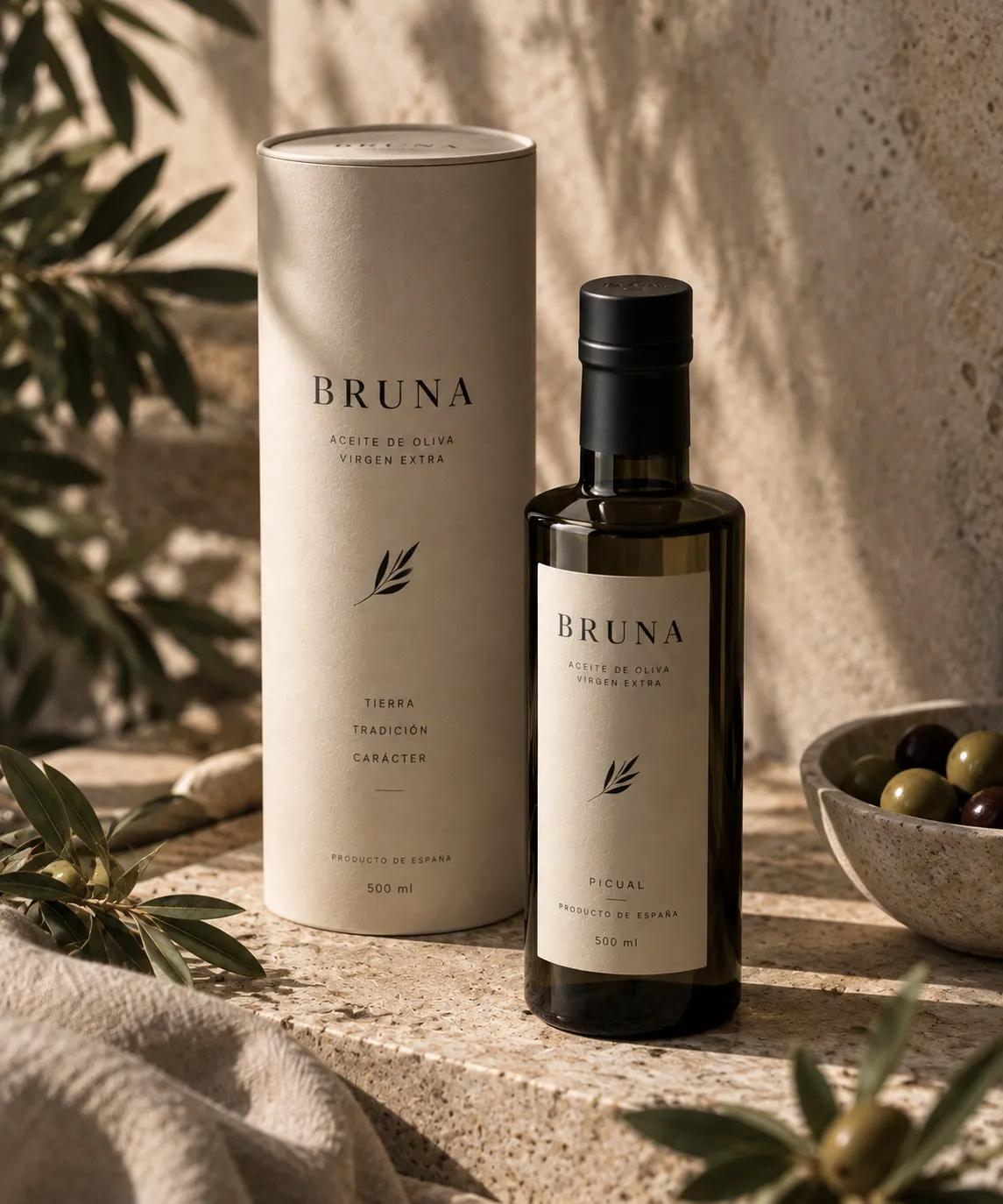 Diseño visual y fotografía de producto para el aceite de oliva Bruna